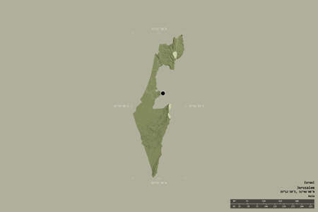 Area of Israel isolated on a solid background in a georeferenced bounding box. Main regional division, distance scale, labels. Colored elevation map. 3D renderingの写真素材