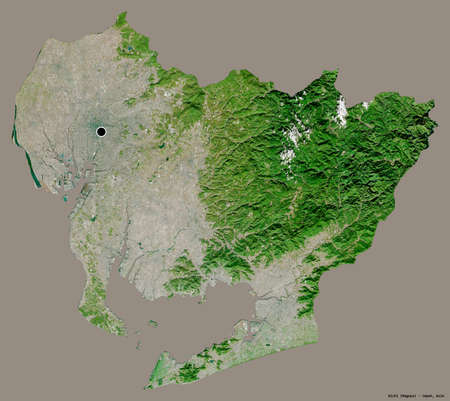 Shape of Aichi, prefecture of Japan, with its capital isolated on a solid color background....