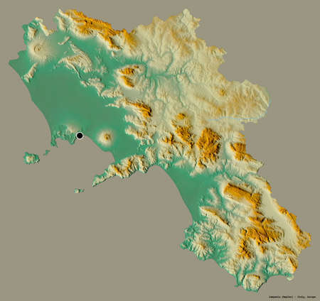 Shape of Campania, region of Italy, with its capital isolated on a solid color background....