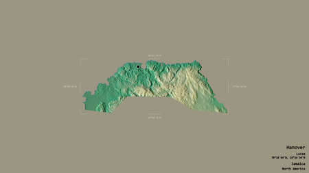 Area of Hanover, parish of Jamaica, isolated on a solid background in a georeferenced bounding box....