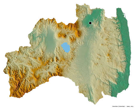 Shape of Fukushima, prefecture of Japan, with its capital isolated on white background. Topographic...