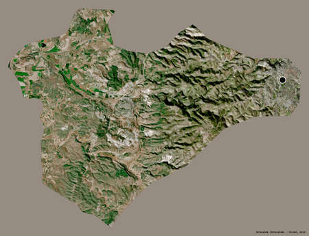 Shape of Jerusalem, district of Israel, with its capital isolated on a solid color background. Satellite imagery. 3D renderingの写真素材