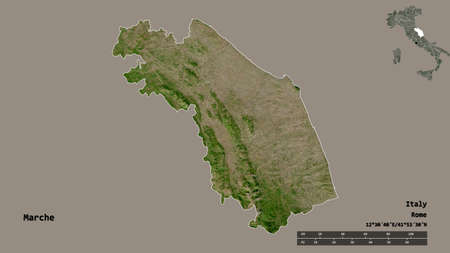 Shape of Marche, region of Italy, with its capital isolated on solid background. Distance scale, region preview and labels. Satellite imagery. 3D renderingの写真素材