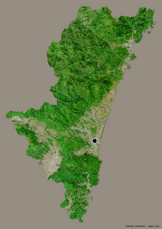 Shape of Miyazaki, prefecture of Japan, with its capital isolated on a solid color background. Satellite imagery. 3D renderingの写真素材