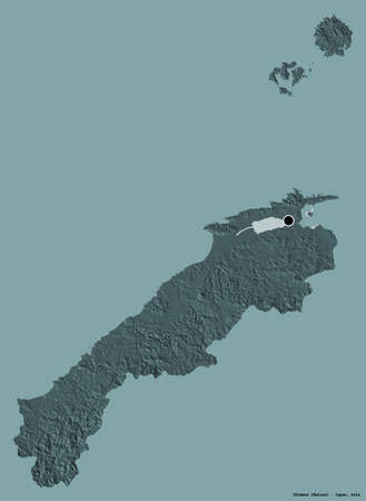 Shape of Shimane, prefecture of Japan, with its capital isolated on a solid color background. Colored elevation map. 3D renderingの写真素材
