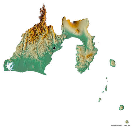 Shape of Shizuoka, prefecture of Japan, with its capital isolated on white background. Topographic relief map. 3D renderingの写真素材
