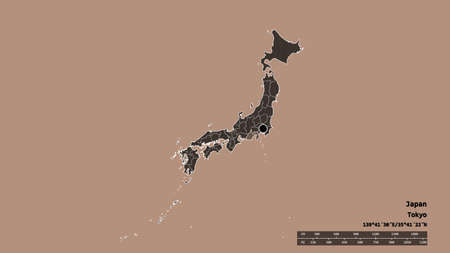 Desaturated shape of Japan with its capital, main regional division and the separated Shizuoka area. Labels. Colored elevation map. 3D renderingの写真素材