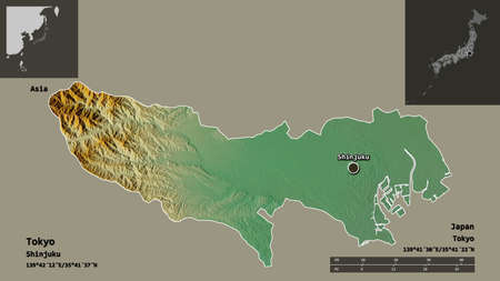 Shape of Tokyo, metropolis of Japan, and its capital. Distance scale, previews and labels....