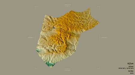 Area of Ajlun, province of Jordan, isolated on a solid background in a georeferenced bounding box. Labels. Topographic relief map. 3D renderingの写真素材