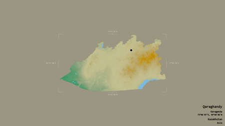 Area of Qaraghandy, region of Kazakhstan, isolated on a solid background in a georeferenced bounding box. Labels. Topographic relief map. 3D renderingの写真素材