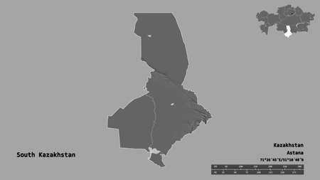Shape of South Kazakhstan, region of Kazakhstan, with its capital isolated on solid background. Distance scale, region preview and labels. Bilevel elevation map. 3D renderingの写真素材