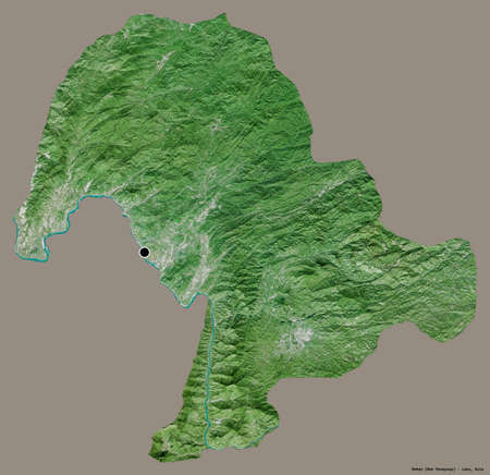 Shape of Bokeo, province of Laos, with its capital isolated on a solid color background. Satellite imagery. 3D renderingの写真素材