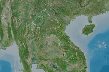 Extended area of Laos with country outline, international and regional borders. Satellite imagery. 3D renderingの写真素材