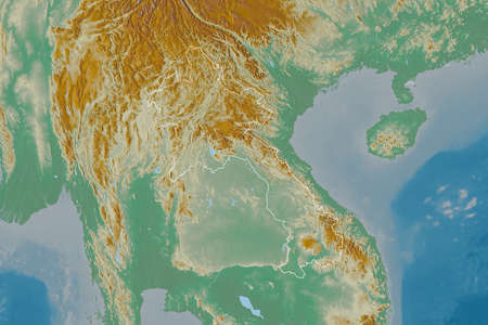Extended area of Laos with country outline, international and regional borders. Topographic relief...