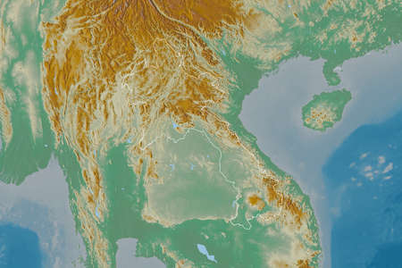 Extended area of outlined Laos. Topographic relief map. 3D renderingの写真素材