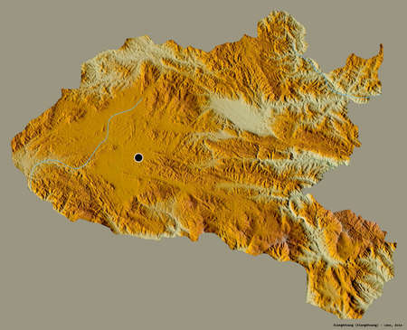 Shape of Xiangkhoang, province of Laos, with its capital isolated on a solid color background. Topographic relief map. 3D renderingの写真素材