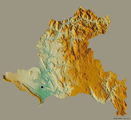 Shape of XÃ©kong, province of Laos, with its capital isolated on a solid color background. Topographic relief map. 3D renderingの写真素材