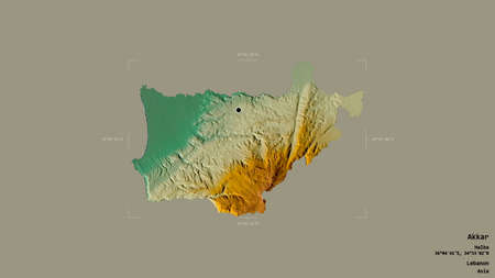 Area of Akkar, governorate of Lebanon, isolated on a solid background in a georeferenced bounding box. Labels. Topographic relief map. 3D renderingの写真素材