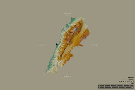 Area of Lebanon isolated on a solid background in a georeferenced bounding box. Main regional division, distance scale, labels. Topographic relief map. 3D renderingの写真素材