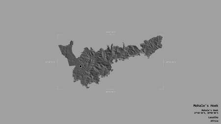 Area of Mohale's Hoek, district of Lesotho, isolated on a solid background in a georeferenced bounding box. Labels. Bilevel elevation map. 3D renderingの写真素材