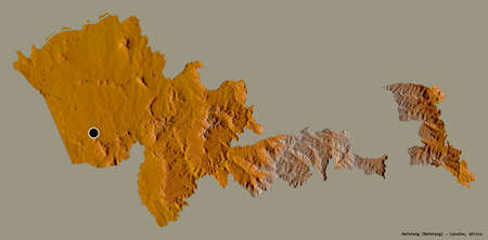 Shape of Mafeteng, district of Lesotho, with its capital isolated on a solid color background. Topographic relief map. 3D renderingの写真素材