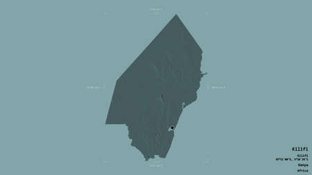 Area of Kilifi, county of Kenya, isolated on a solid background in a georeferenced bounding box. Labels. Colored elevation map. 3D renderingの写真素材