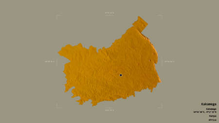 Area of Kakamega, county of Kenya, isolated on a solid background in a georeferenced bounding box. Labels. Topographic relief map. 3D renderingの写真素材