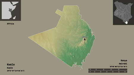 Shape of Kwale, county of Kenya, and its capital. Distance scale, previews and labels. Topographic relief map. 3D renderingの写真素材
