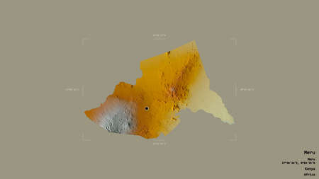 Area of Meru, county of Kenya, isolated on a solid background in a georeferenced bounding box. Labels. Topographic relief map. 3D renderingの写真素材