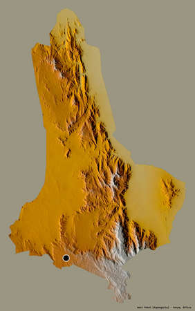 Shape of West Pokot, county of Kenya, with its capital isolated on a solid color background. Topographic relief map. 3D renderingの写真素材