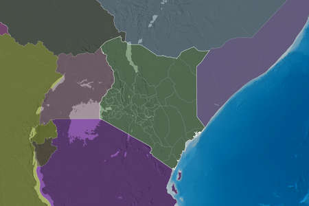 Extended area of Kenya with country outline, international and regional borders. Colored elevation...