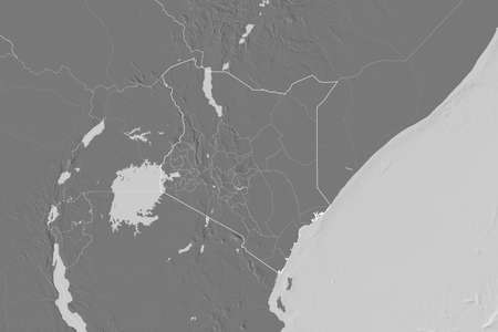 Extended area of Kenya with country outline, international and regional borders. Bilevel elevation map. 3D renderingの写真素材