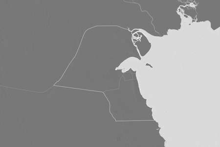 Extended area of Kuwait with country outline, international and regional borders. Bilevel elevation map. 3D renderingの写真素材
