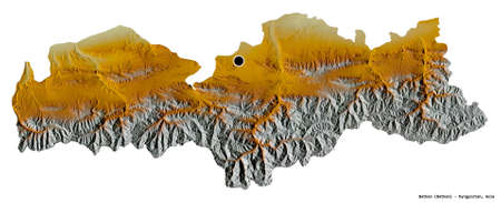 Shape of Batken, province of Kyrgyzstan, with its capital isolated on white background. Topographic relief map. 3D renderingの写真素材