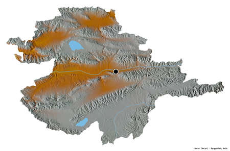 Shape of Naryn, province of Kyrgyzstan, with its capital isolated on white background. Topographic...