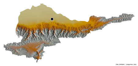 Shape of ChÃ¼y, province of Kyrgyzstan, with its capital isolated on white background. Topographic relief map. 3D renderingの写真素材