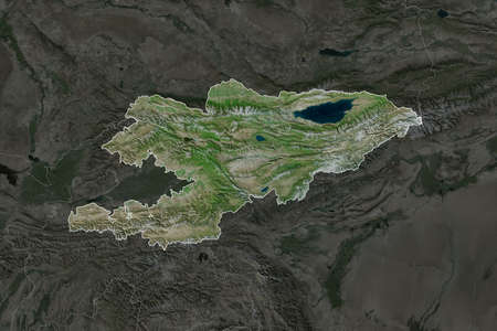 Shape of Kyrgyzstan separated by the desaturation of neighboring areas. Borders. Satellite imagery....