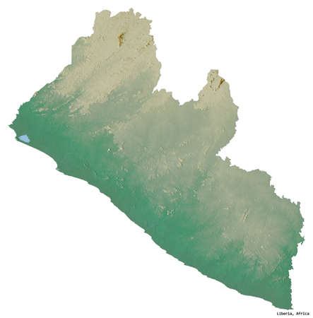 Shape of Liberia with its capital isolated on white background. Topographic relief map. 3D renderingの写真素材