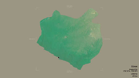 Area of Sinoe, county of Liberia, isolated on a solid background in a georeferenced bounding box. Labels. Topographic relief map. 3D renderingの写真素材