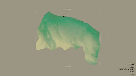 Area of Surt, district of Libya, isolated on a solid background in a georeferenced bounding box....