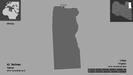 Shape of Al Butnan, district of Libya, and its capital. Distance scale, previews and labels. Bilevel elevation map. 3D renderingの写真素材