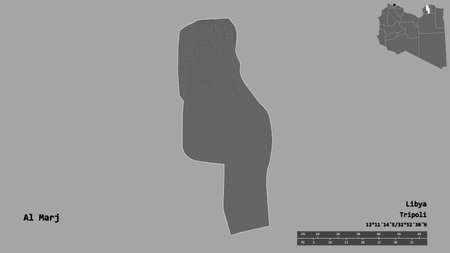 Shape of Al Marj, district of Libya, with its capital isolated on solid background. Distance scale, region preview and labels. Bilevel elevation map. 3D renderingの写真素材