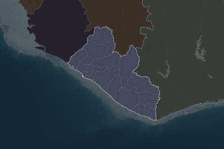 Shape of Liberia separated by the desaturation of neighboring areas. Borders. Colored elevation map. 3D renderingの写真素材