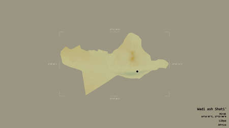 Area of Wadi ash Shati', district of Libya, isolated on a solid background in a georeferenced bounding box. Labels. Topographic relief map. 3D renderingの写真素材