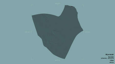 Area of Misratah, district of Libya, isolated on a solid background in a georeferenced bounding box. Labels. Colored elevation map. 3D renderingの写真素材