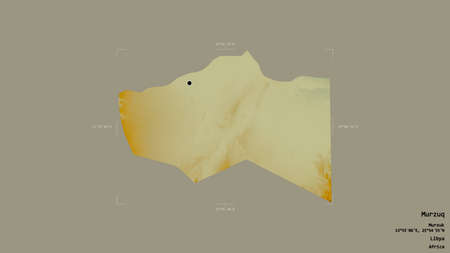 Area of Murzuq, district of Libya, isolated on a solid background in a georeferenced bounding box. Labels. Topographic relief map. 3D renderingの写真素材
