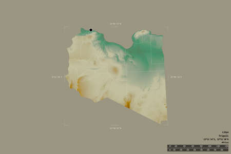 Area of Libya isolated on a solid background in a georeferenced bounding box. Main regional division, distance scale, labels. Topographic relief map. 3D renderingの写真素材