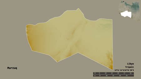 Shape of Murzuq, district of Libya, with its capital isolated on solid background. Distance scale, region preview and labels. Topographic relief map. 3D renderingの写真素材