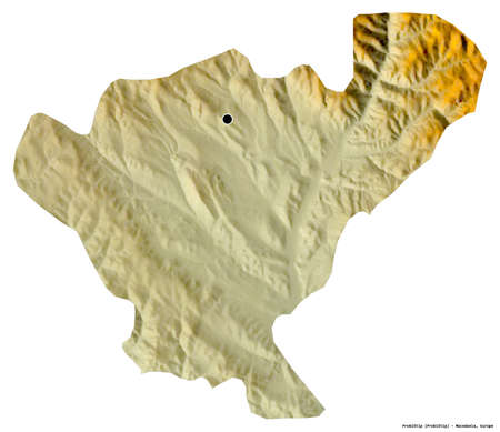 Shape of ProbiÅ¡tip, municipality of Macedonia, with its capital isolated on white background. Topographic relief map. 3D renderingの写真素材