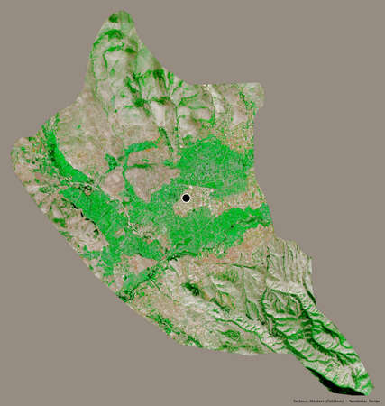 Shape of ÄeÅ¡inovo-ObleÅ¡evo, municipality of Macedonia, with its capital isolated on a solid color background. Satellite imagery. 3D renderingの写真素材